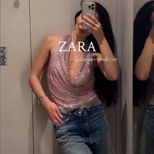 ZARA WOMAN HALTER TOP WITH SHIMMER DETAIL PINK 4772/129 MEDIUM M VIRAL BLOGGER